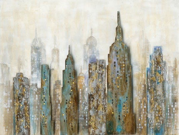 Tableau Paysage urbain 90x120 Argenté Doré. Ajout d'éléments métal en relief avec LED. Peinture acrylique