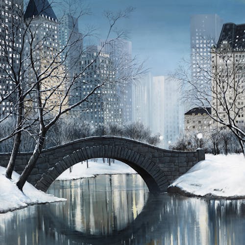 Tableau PAYSAGE URBAIN Central Park en hiver Caisse américaine en bois blanc 80x80cm