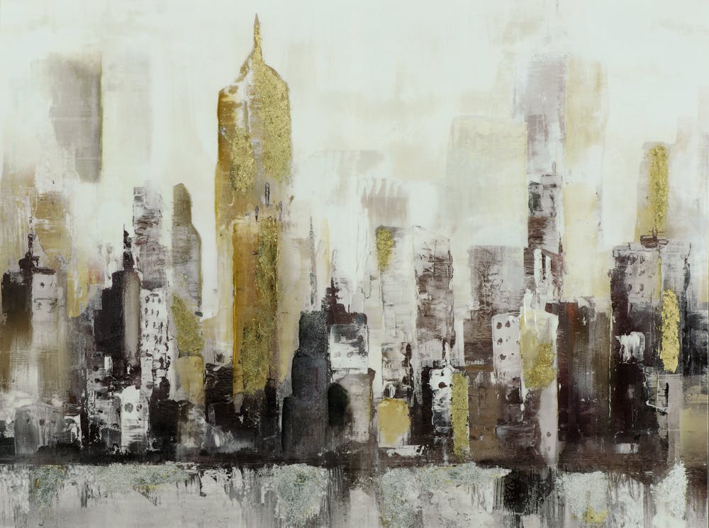 Tableau PAYSAGE URBAINS Building tons dorés, blancs, noirs, beiges et éléments métal 90x120cm