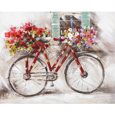  Tableau Vélo rouge fleurs multicolores peinture acrylique
