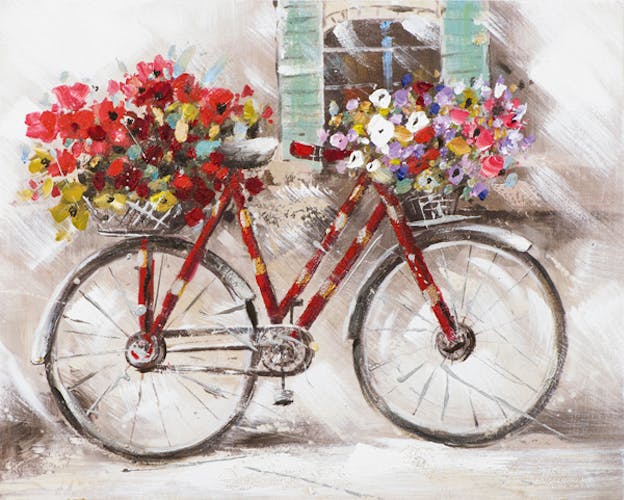 Tableau Vélo rouge fleurs multicolores peinture acrylique