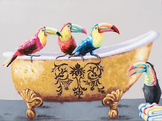 Tableau Pelicans couleurs vives sur Baignoire tons dorés et arabesques 120x90cm