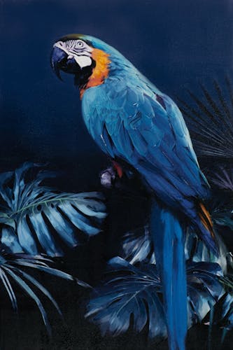 Tableau perroquet et feuilles bleues