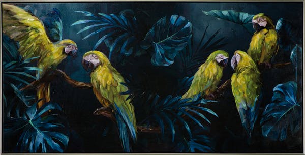 Tableau perroquets bleu vert fond sombre