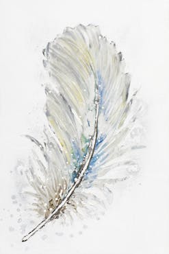  Tableau Plume ANIMAL tons argentés, gris et effets jaunes, bleus, verts et beiges 80x120cm