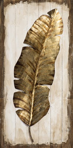 Tableau Plume ANIMAL tons dorés sur fond effet planches tons beiges et marrons 50x100cm