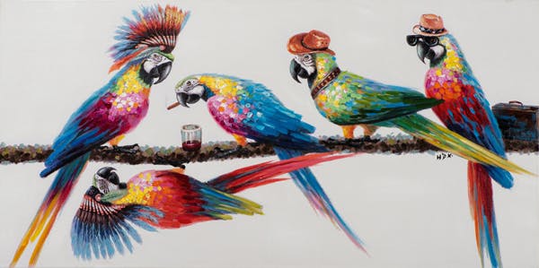 Tableau pop art 5 perroquets sur branche