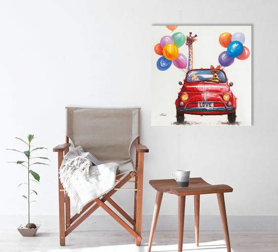 Tableau Pop Art 70X70 - animaux en voiture, peinture sur toile
