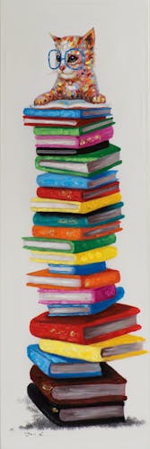 Tableau POP-Art Chat à Lunettes sur pile de Livres multicouleur 40x120cm