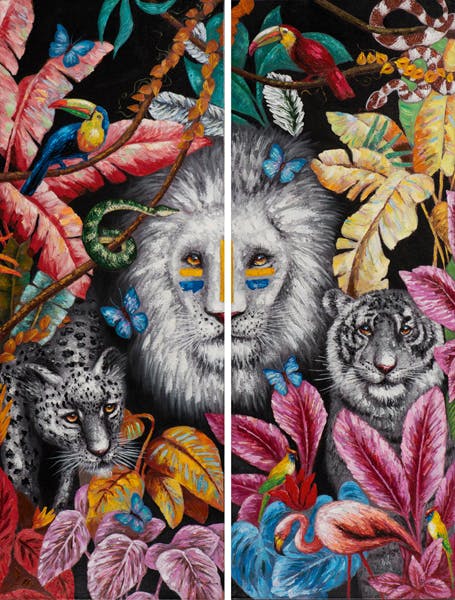 Tableau pop art diptyque avec lion