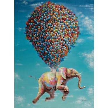  Tableau POP-ART Eléphant s'envolant avec une nuée de Ballons multicouleur 90x120cm