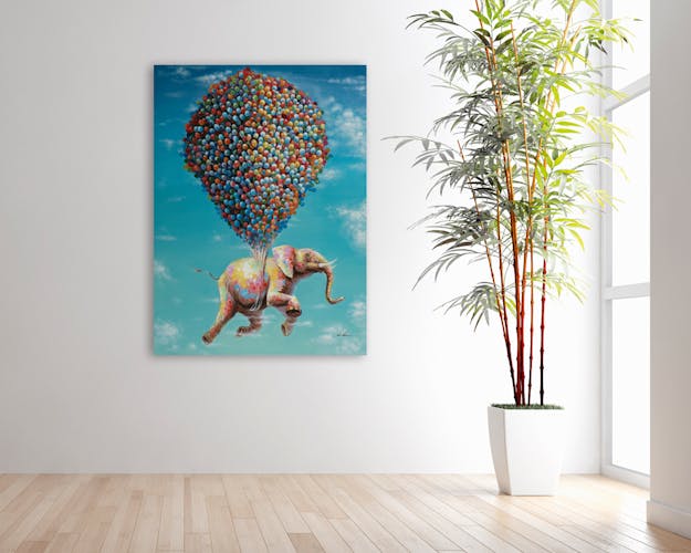 Tableau POP-ART Eléphant s'envolant avec une nuée de Ballons multicouleur 90x120cm