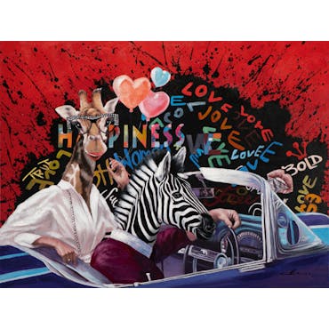 Tableau pop art girafe et zèbre en cabriolet