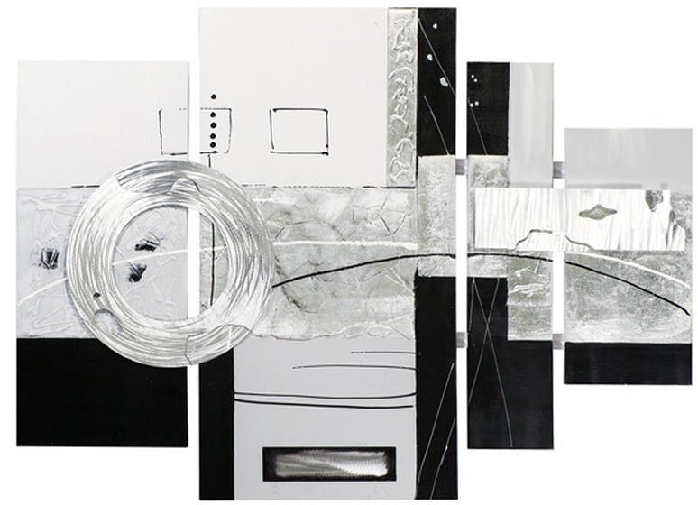 Tableau quadriptyque 115x159 - peinture en noir et blanc, ajout feuilles métal