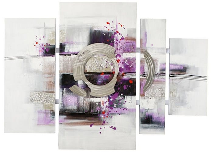 Tableau quadriptyque abstrait 115x160 - argent, noir et violet, ajout feuilles métal