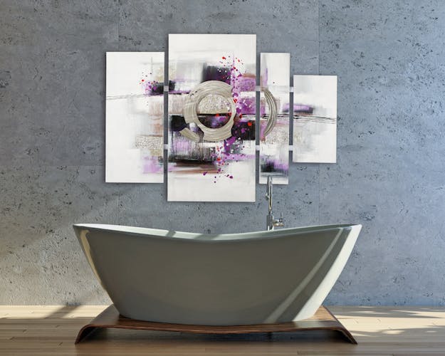 Tableau quadriptyque abstrait 115x160 - argent, noir et violet, ajout feuilles métal