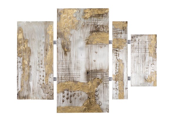 Tableau Quadriptyque ABSTRAIT Lignes et Textures tons dorés, aergentés, gris et beiges 134x100cm