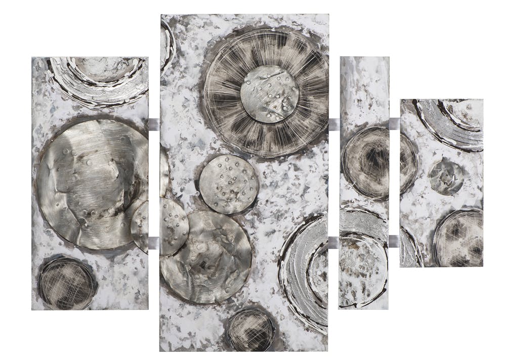 Tableau Quadryptique ABSTRAIT Cercles texturés ton argentés et gris avec éléments métal 100x134cm