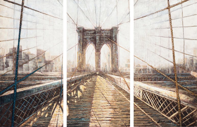 Tableau Triptyque PAYSAGE URBAIN Brooklyn Bridge tons beiges, dorés et bleus 150x100cm