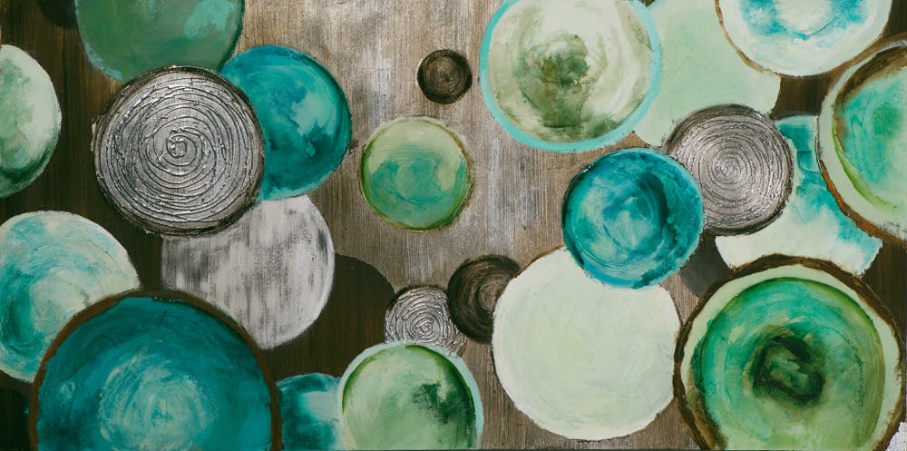 Tableaux ABSTRAIT Cercles texturées tons bleus, verts d'eau, blancs, beiges et éléments métal 70x140cm