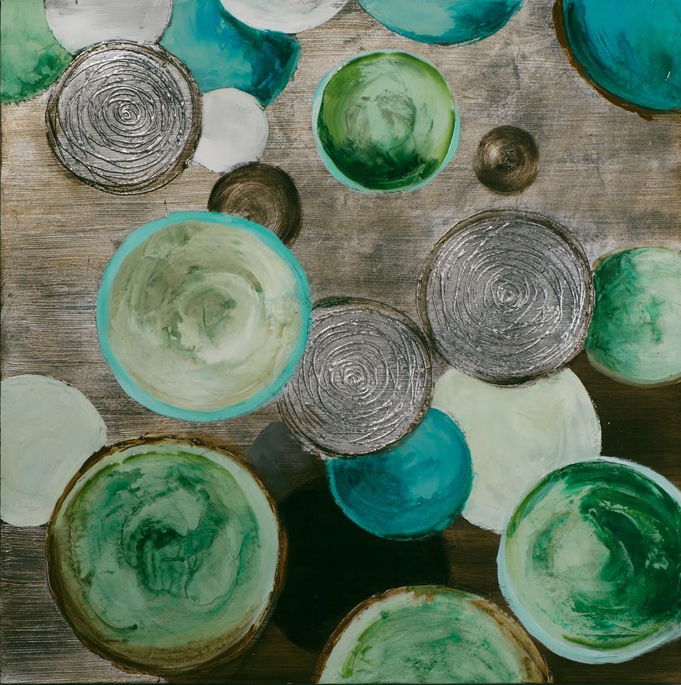 Tableaux ABSTRAIT Ronds texturés tons bleus, verts d'eau, blancs, beiges et éléments métal 100x100cm
