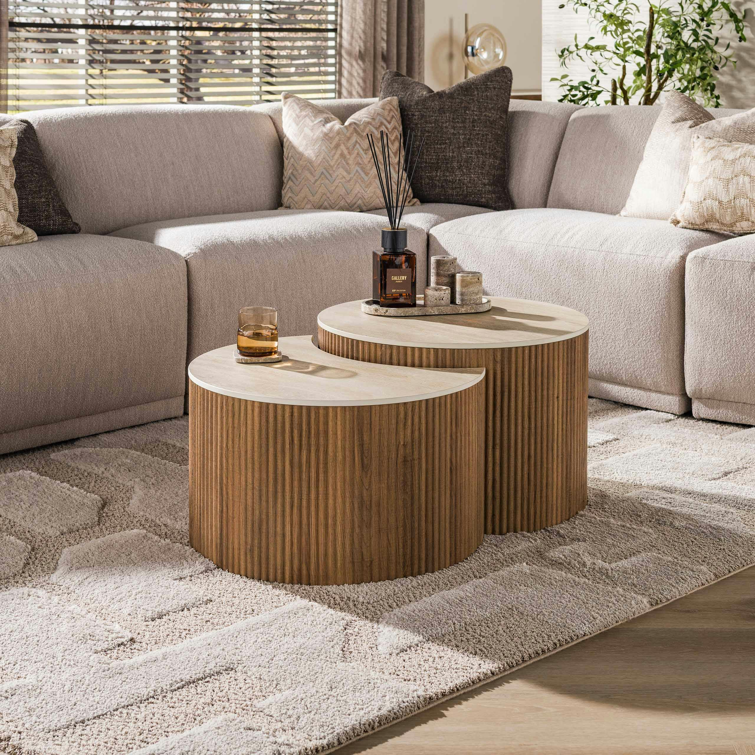 Tables basses rondes effet travertin pied effet chêne (x2) COLISEE