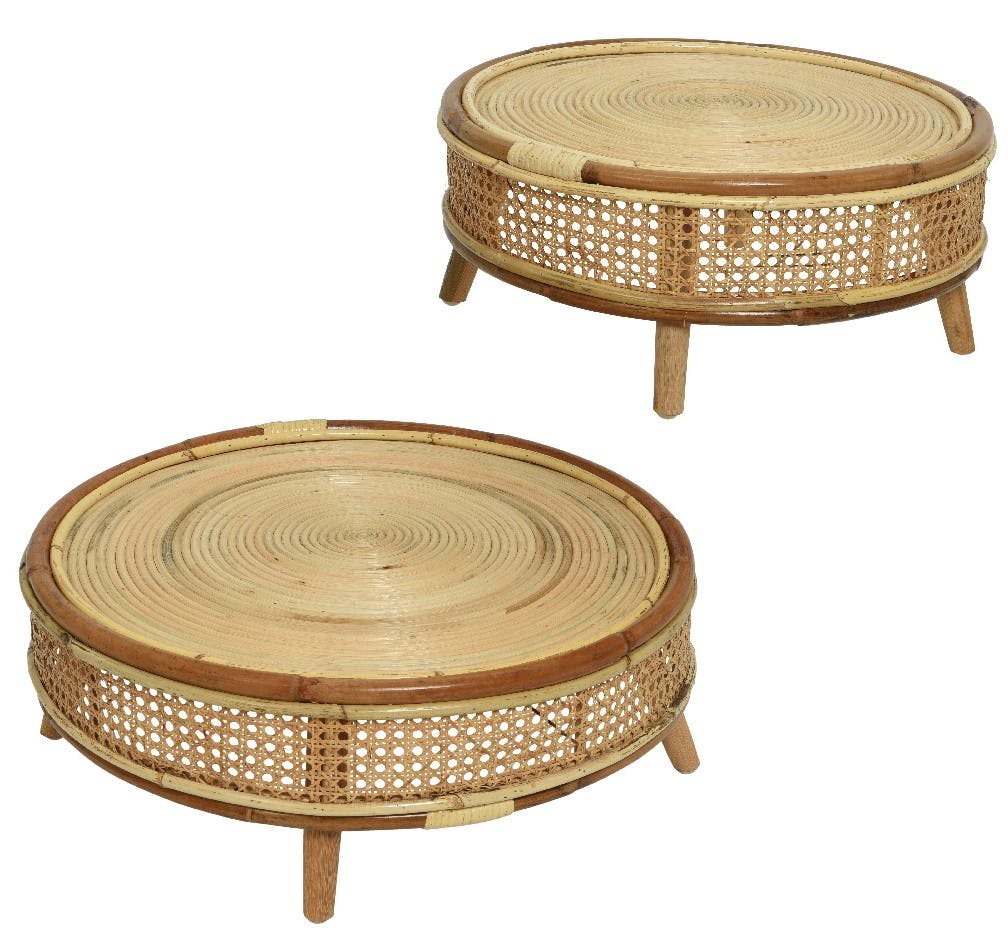 Tables gigognes rondes en rotin et manguier (lot de 2)