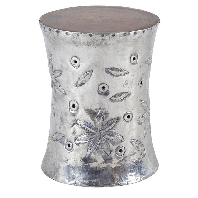 Tabouret 45cm - teck et aluminium - modèle feuilles MARRAKECH