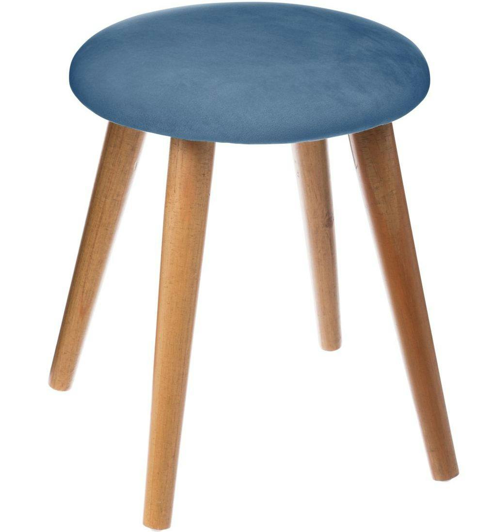 Tabouret assise tissu velours couleur bleu nuit et pieds bois D32xH40cm