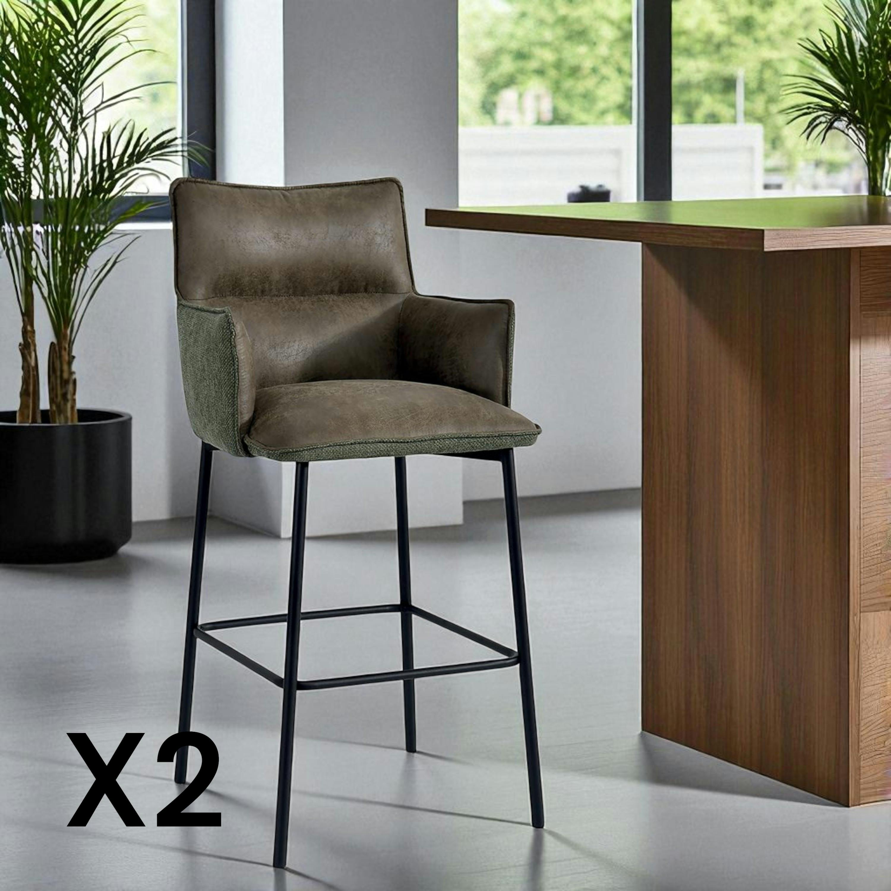 Tabouret bar bi-matière vert avec dossier (lot de 2) KERALA