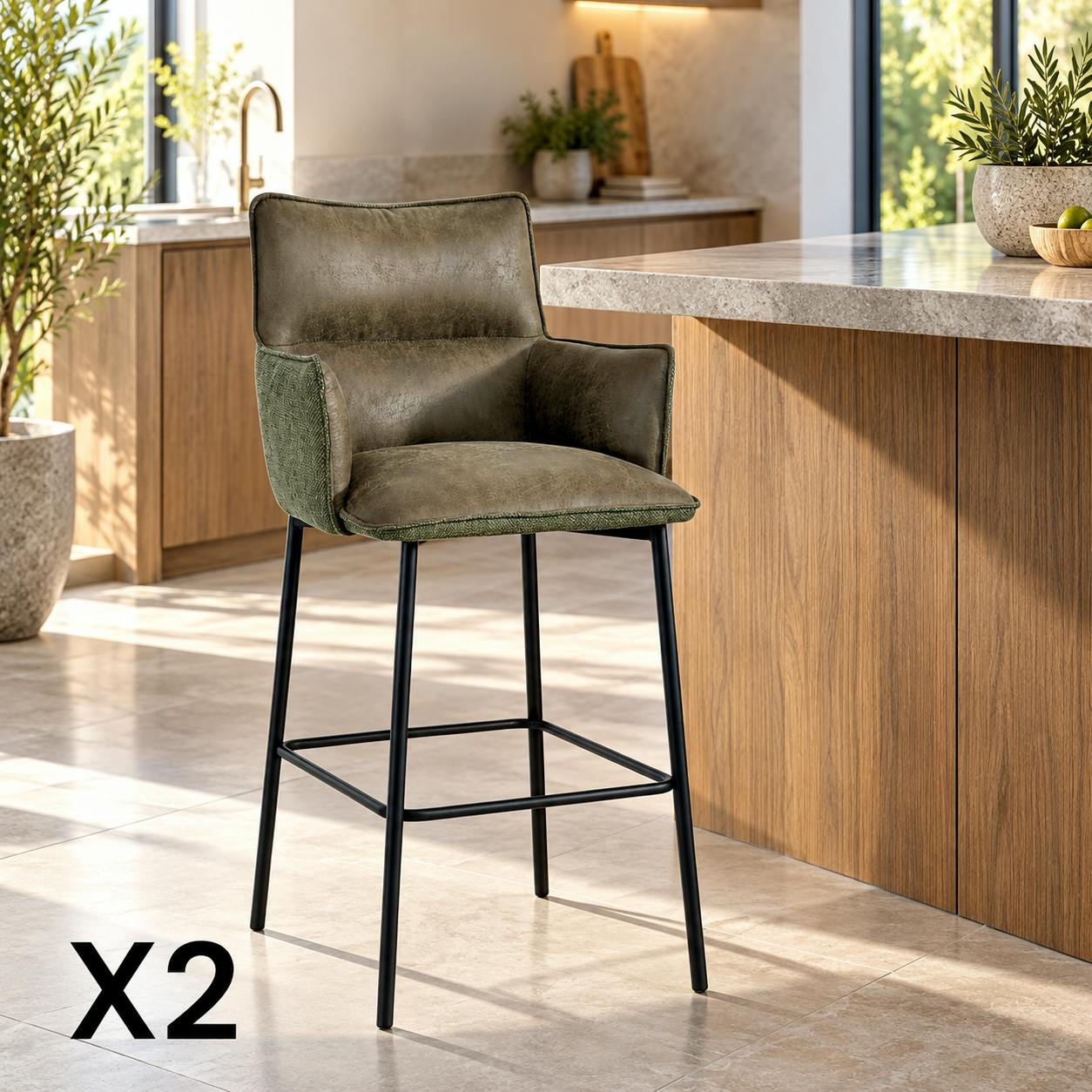 Tabouret bar bi-matière vert avec dossier (lot de 2) KERALA