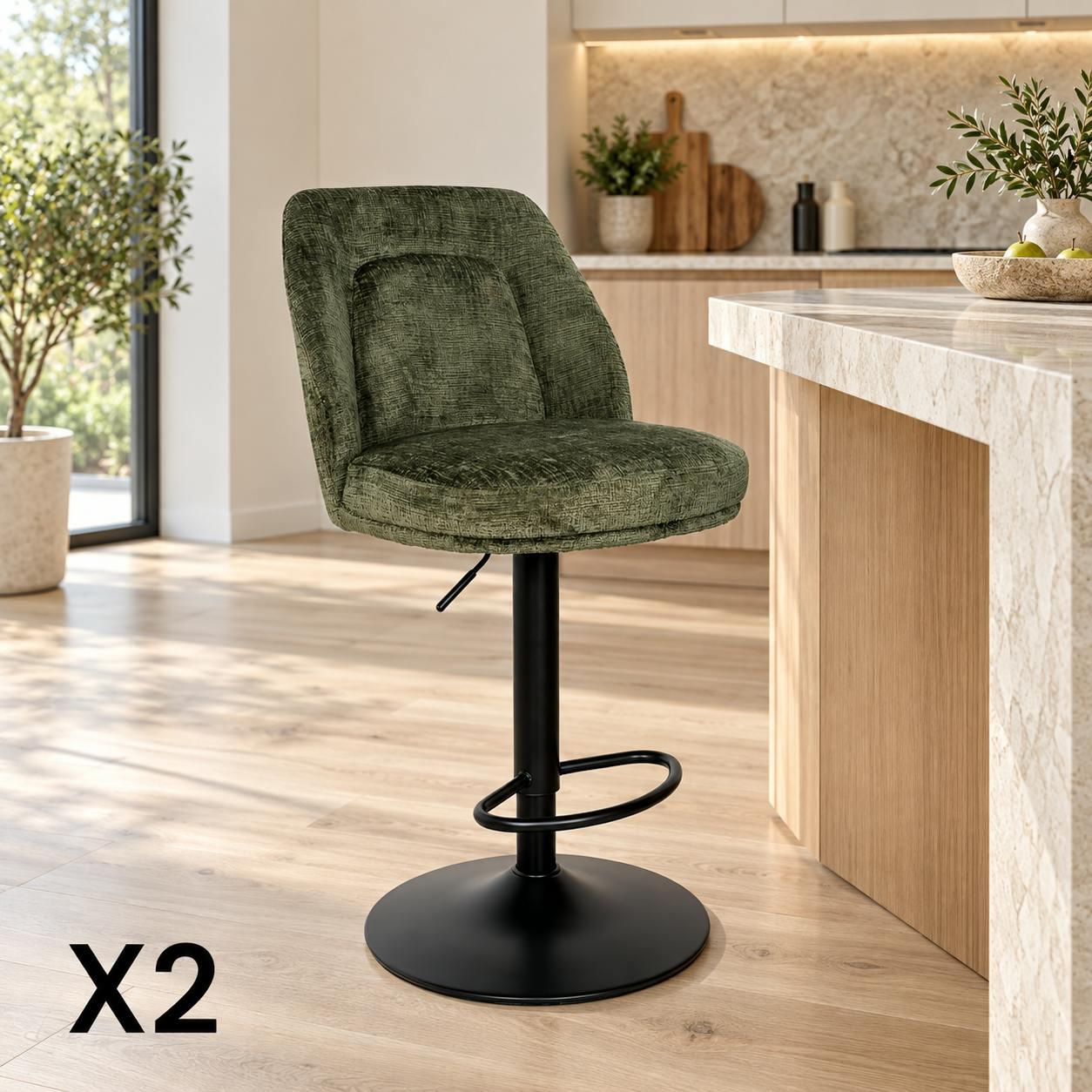 Tabouret bar réglable vert avec dossier (lot de 2) IENA