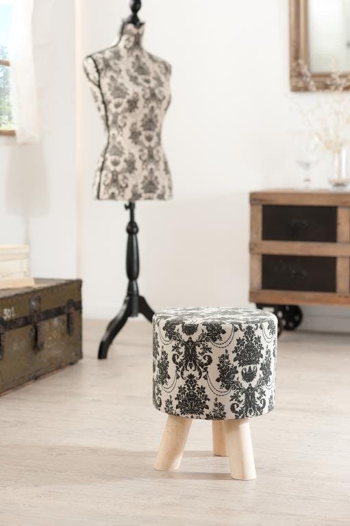 Tabouret bas rond tissu écru baroque VALENTINE 30X30X38cm