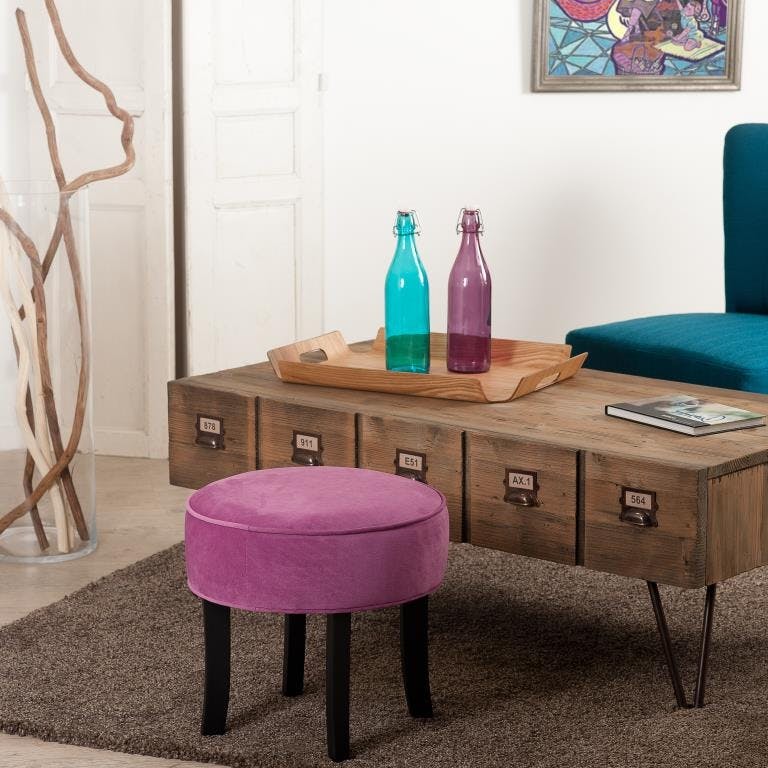 Tabouret bas rond tissu feutrine rose 37x37x36cm PASTEL