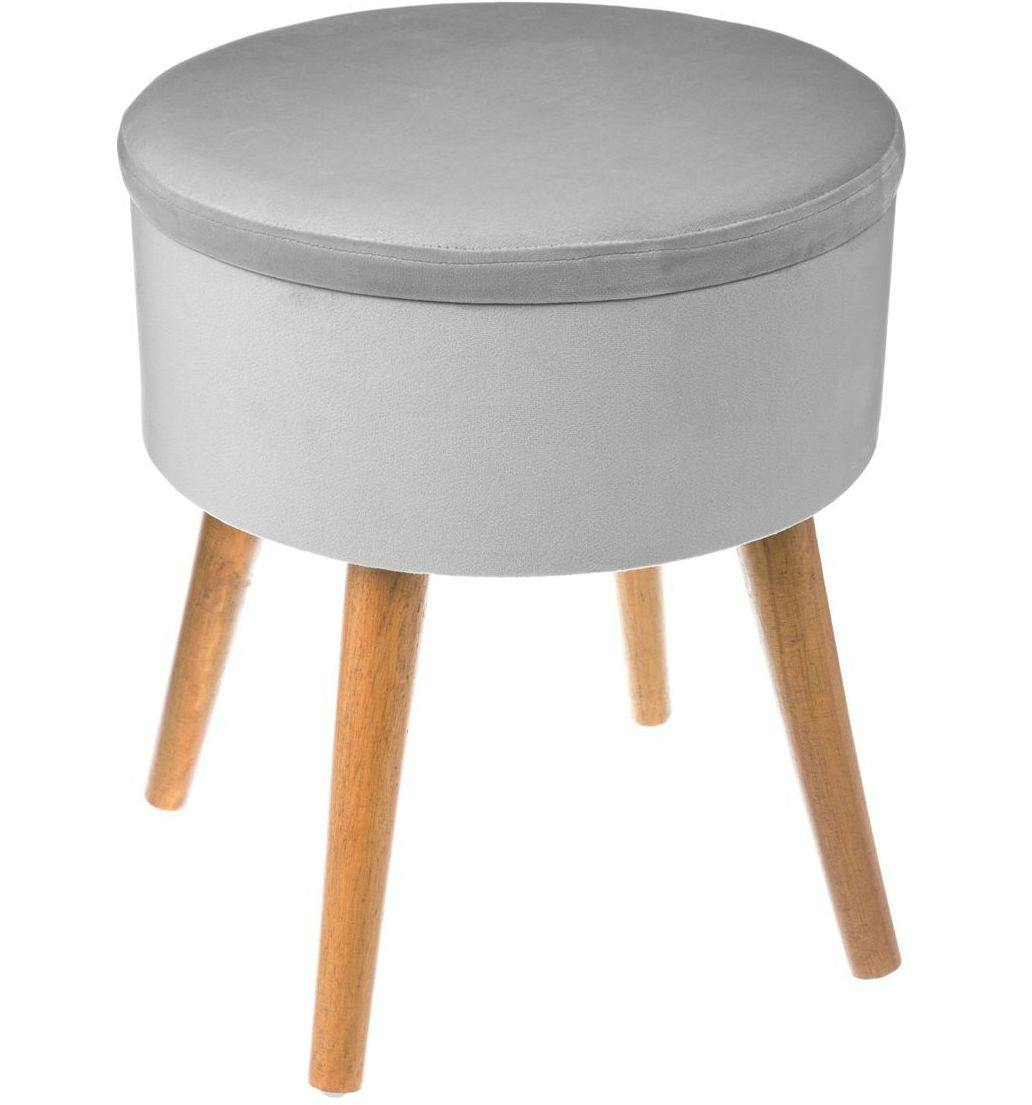 Tabouret Coffre en tissu velours gris clair et pieds bois D38xH44cm