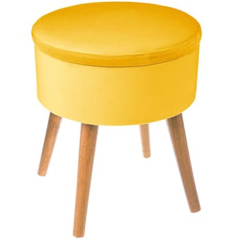 Tabouret coffre velours jaune moutarde pieds bois