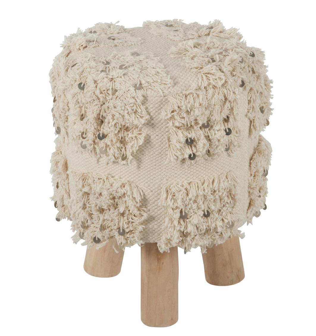 Tabouret coton blanc, aspect fourrure et sequins D30H40cm