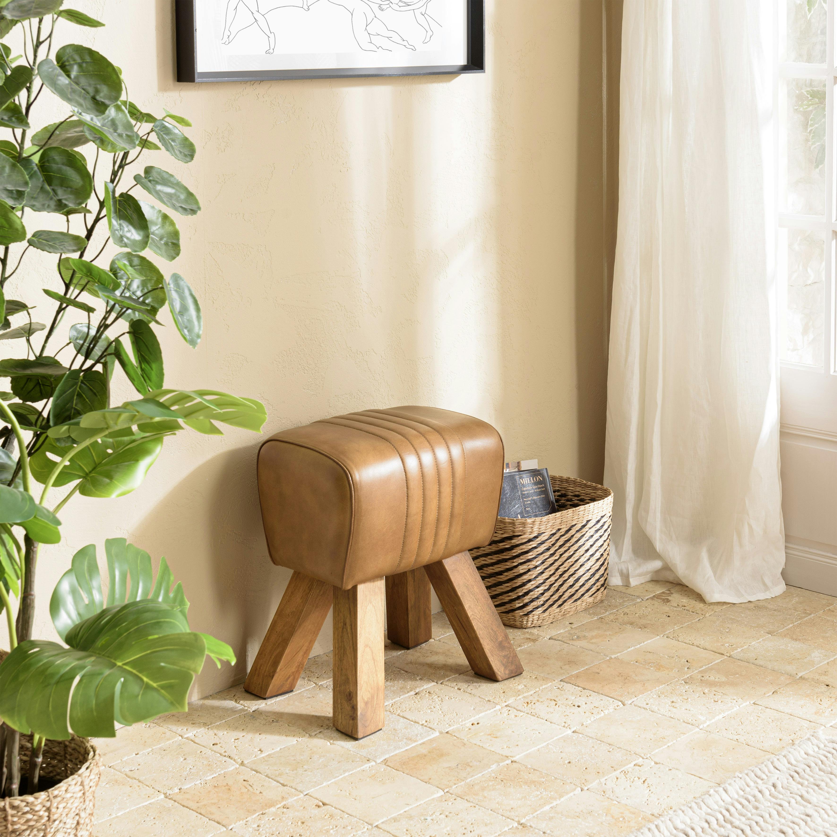 Tabouret cuir havane pieds en bois TIM