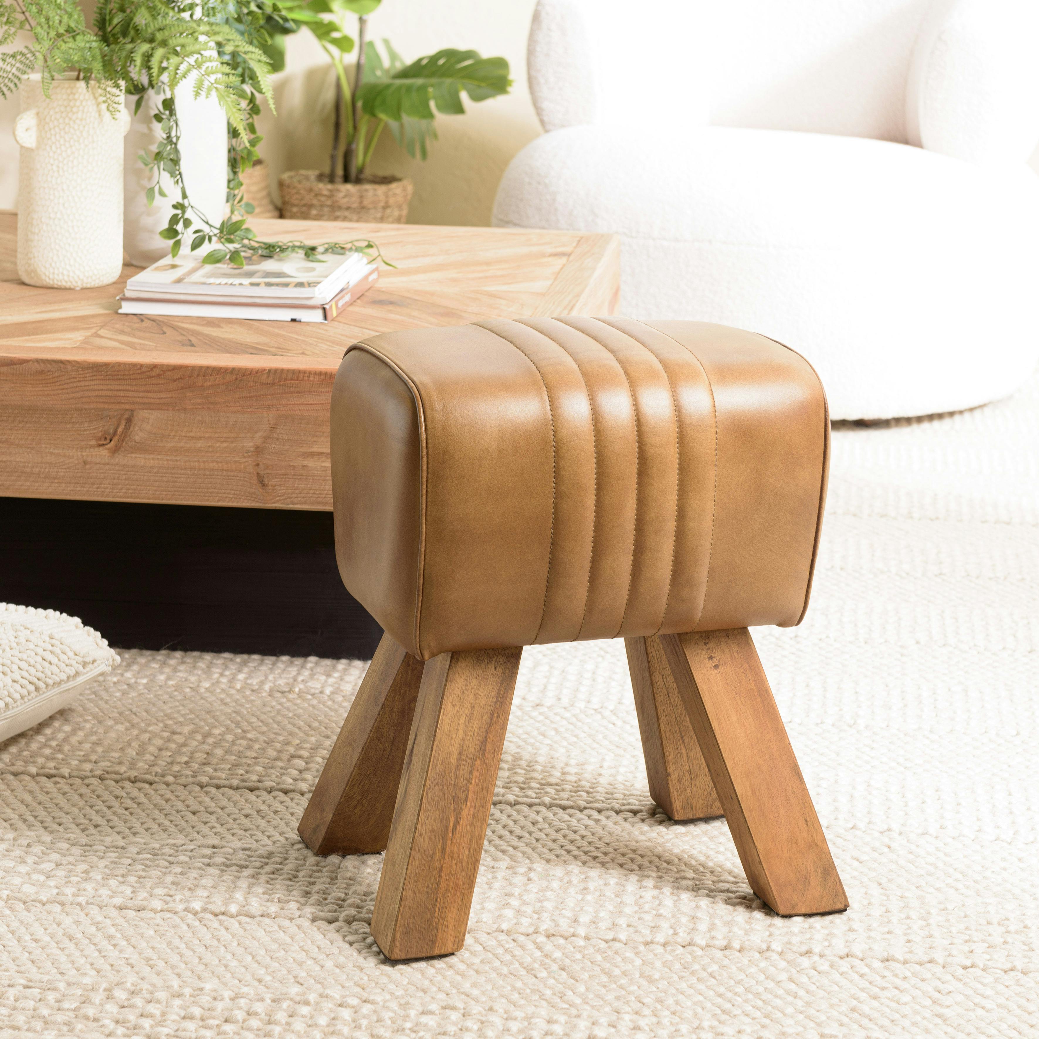 Tabouret cuir havane pieds en bois TIM