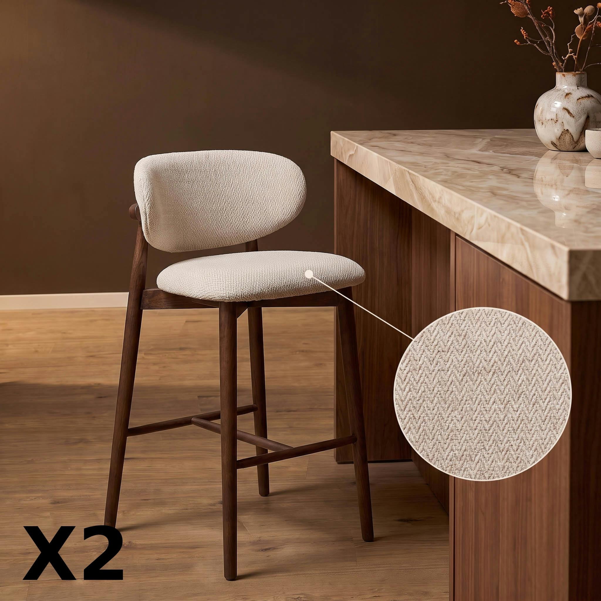 Tabouret de bar beige motif chevron pieds bois marron (x2) CORTINA