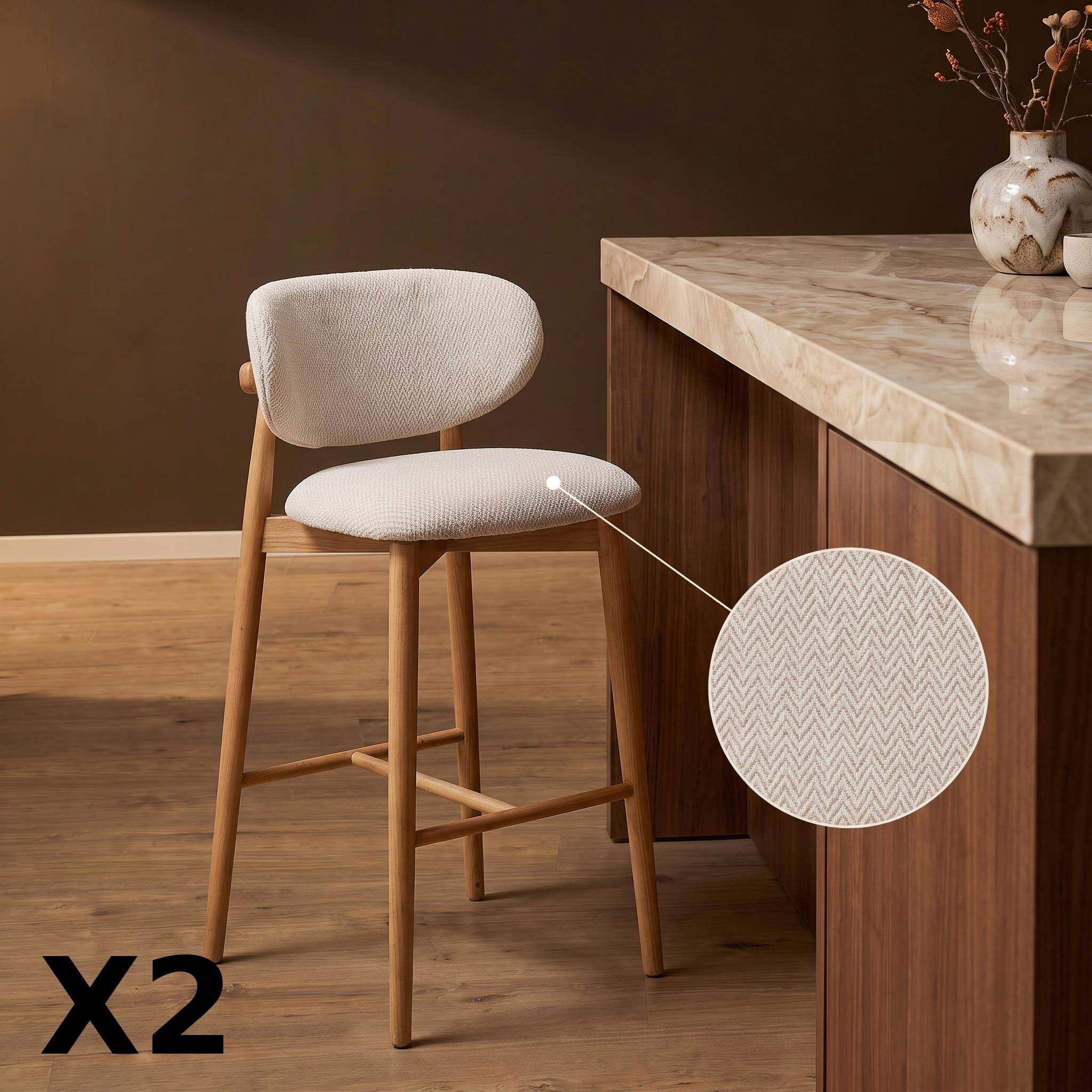 Tabouret de bar beige motif chevron pieds bois (x2) CORTINA