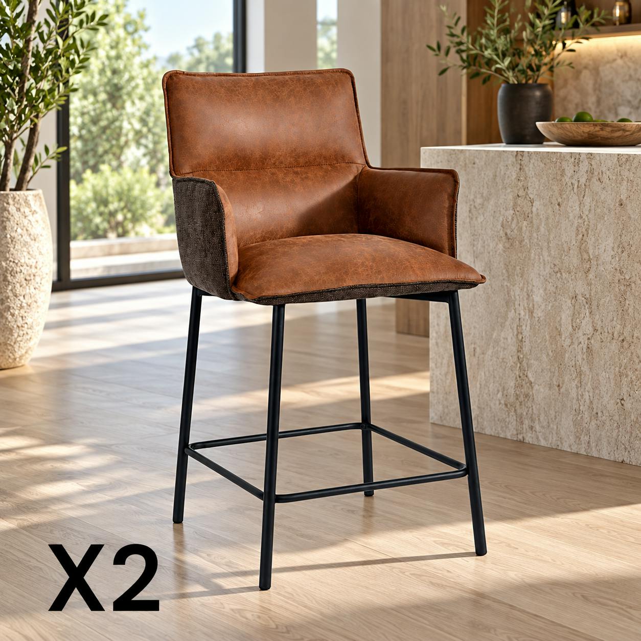 Tabouret de bar bi-matière marron (lot de 2) KERALA