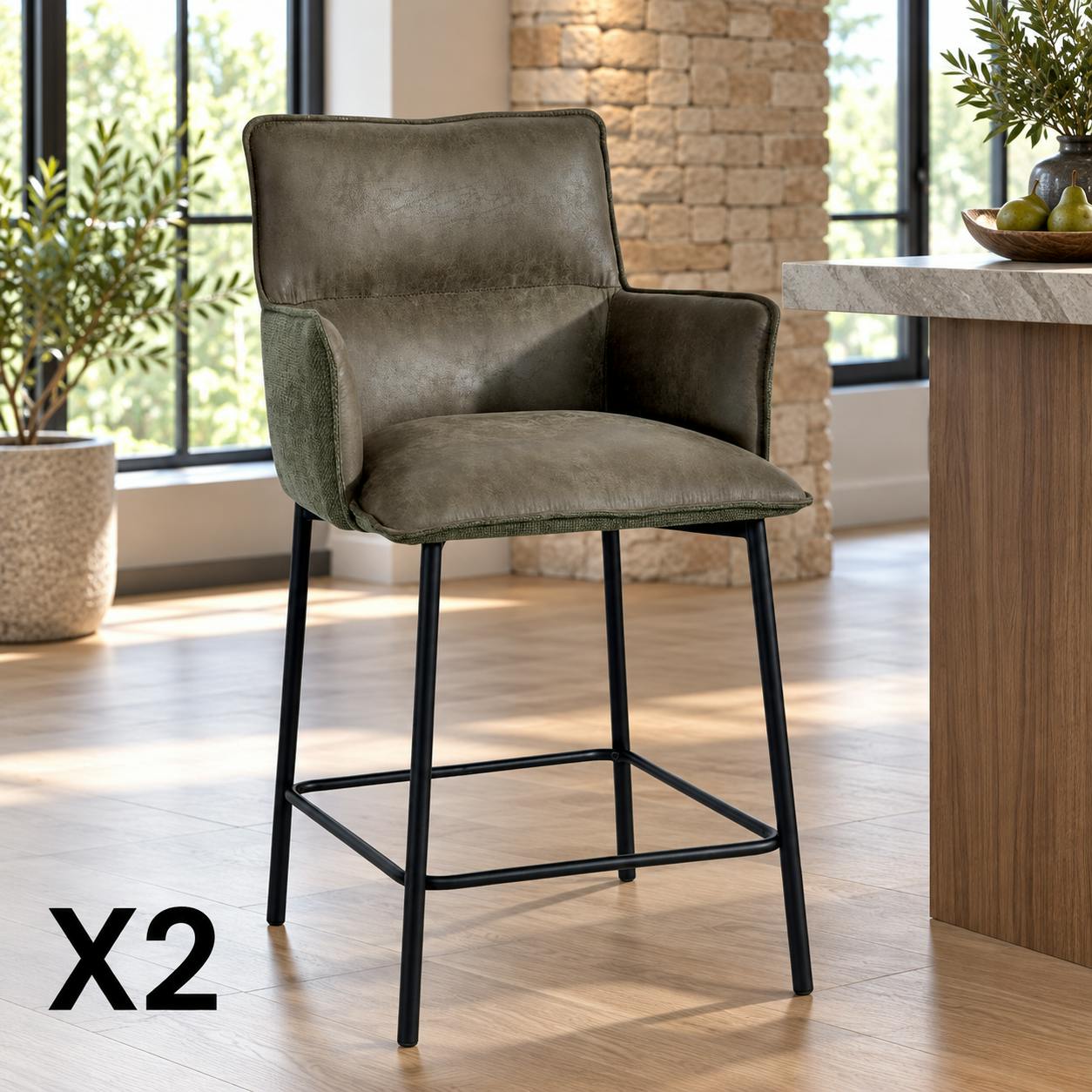 Tabouret de bar bi-matière vert (lot de 2) KERALA
