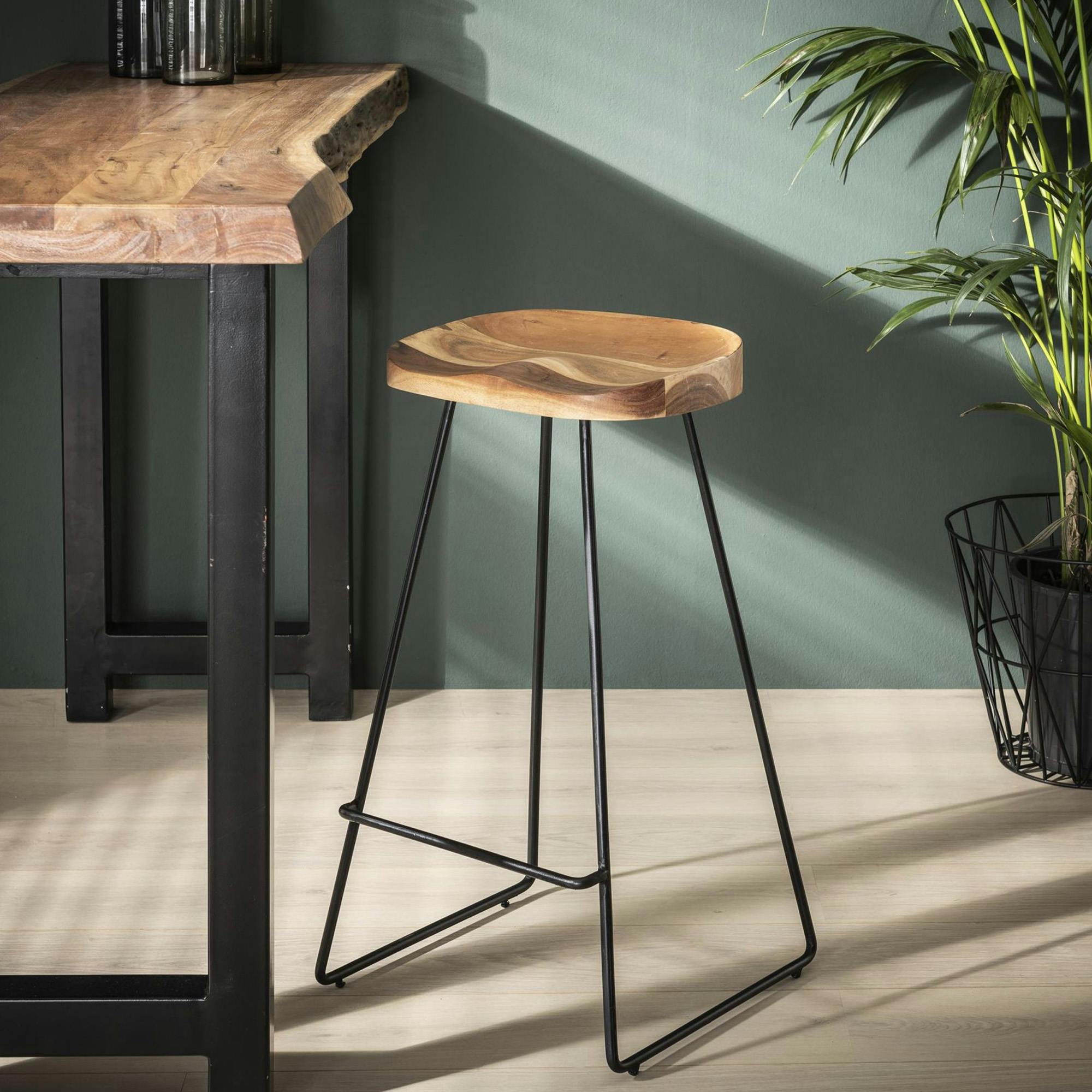 Tabouret haut de bar bois massif pied metal style industriel