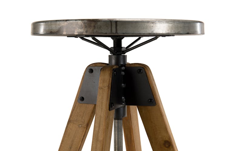 Tabouret haut de bar en bois et assise en zinc vieilli style industriel