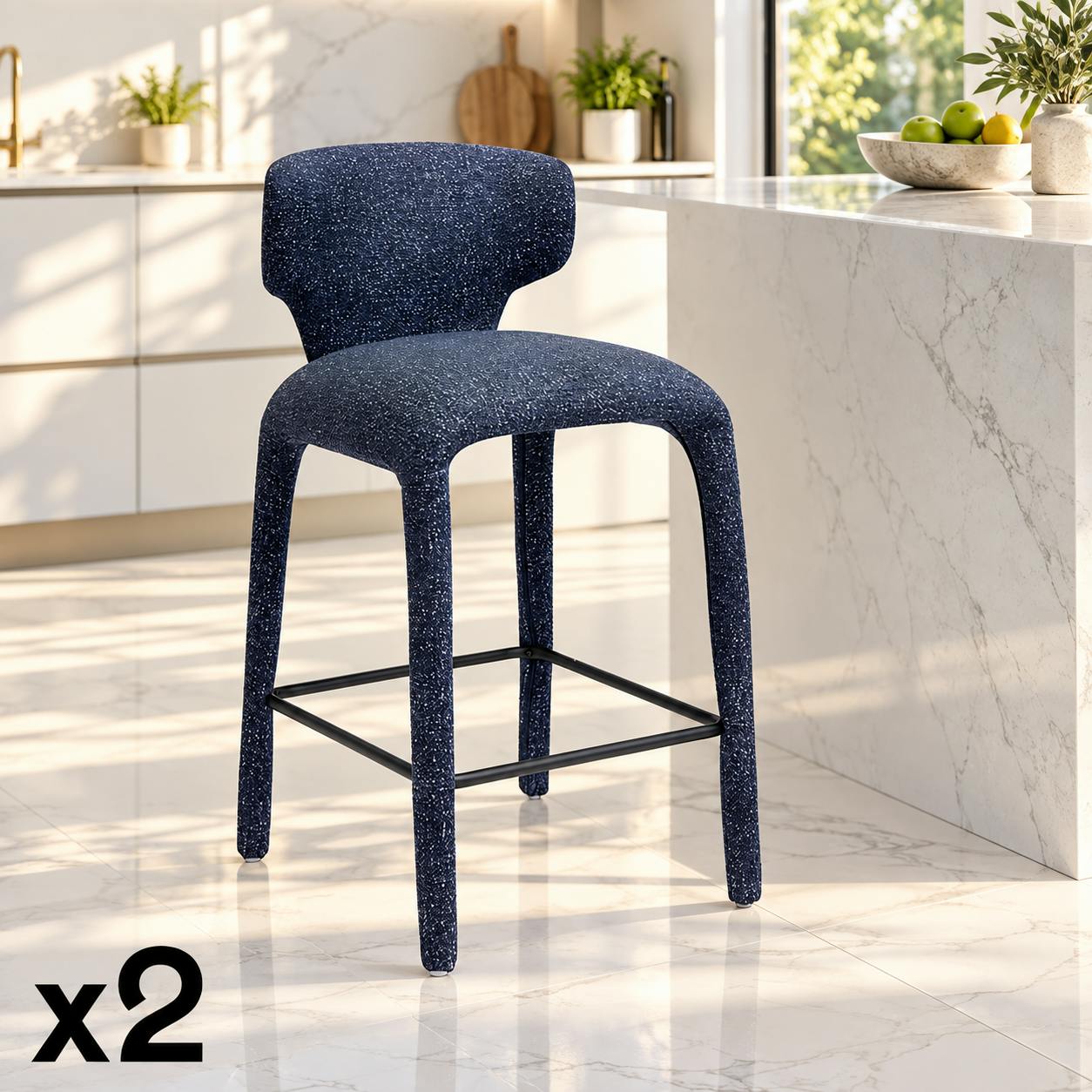 Tabouret de bar design en tissu bleu avec dossier (x2) TULSA