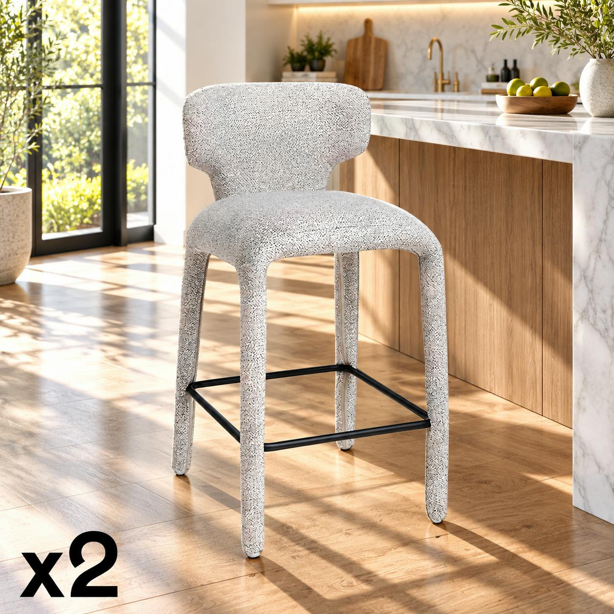 Tabouret de bar design en tissu gris avec dossier (x2) TULSA