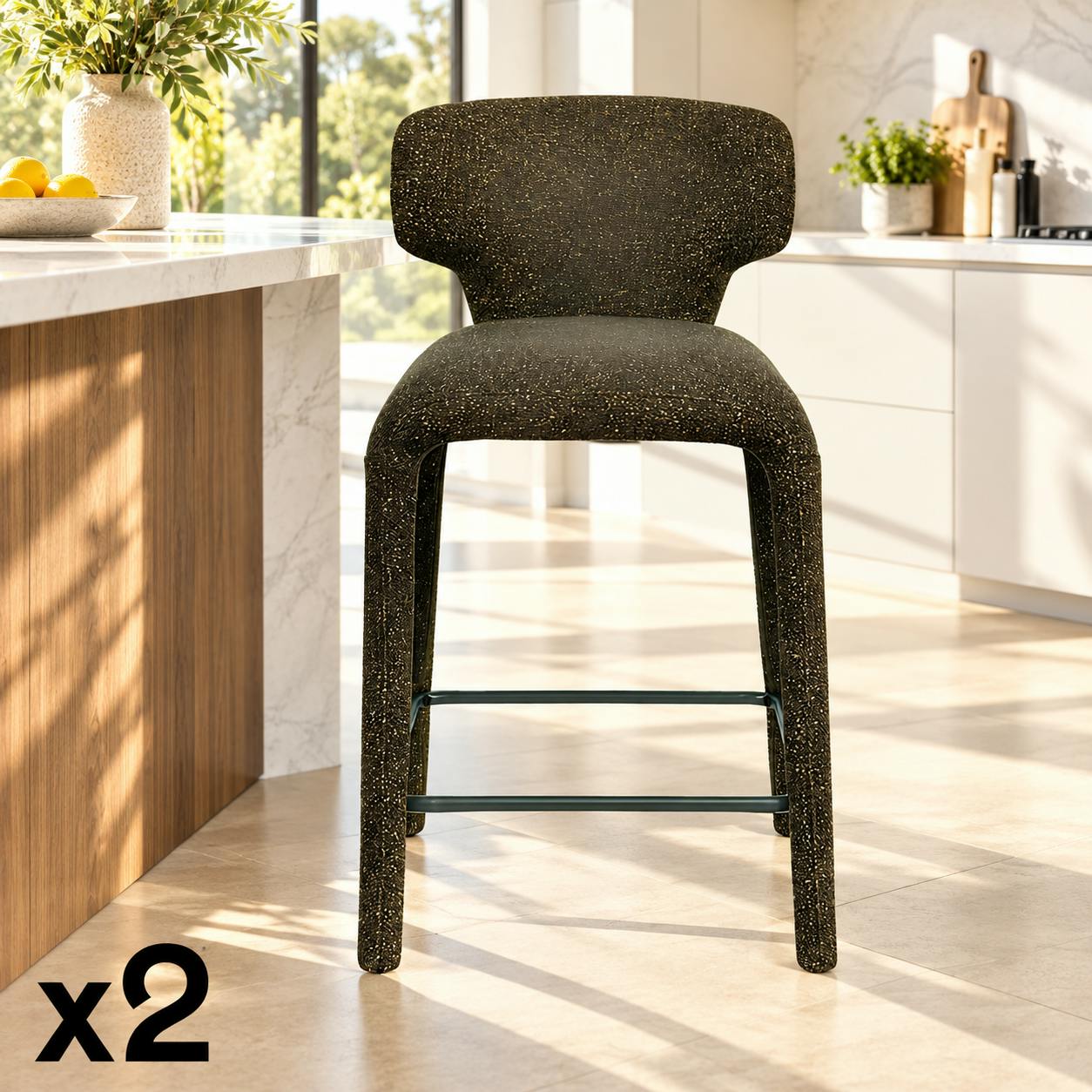 Tabouret de bar design en tissu kaki avec dossier (x2) TULSA