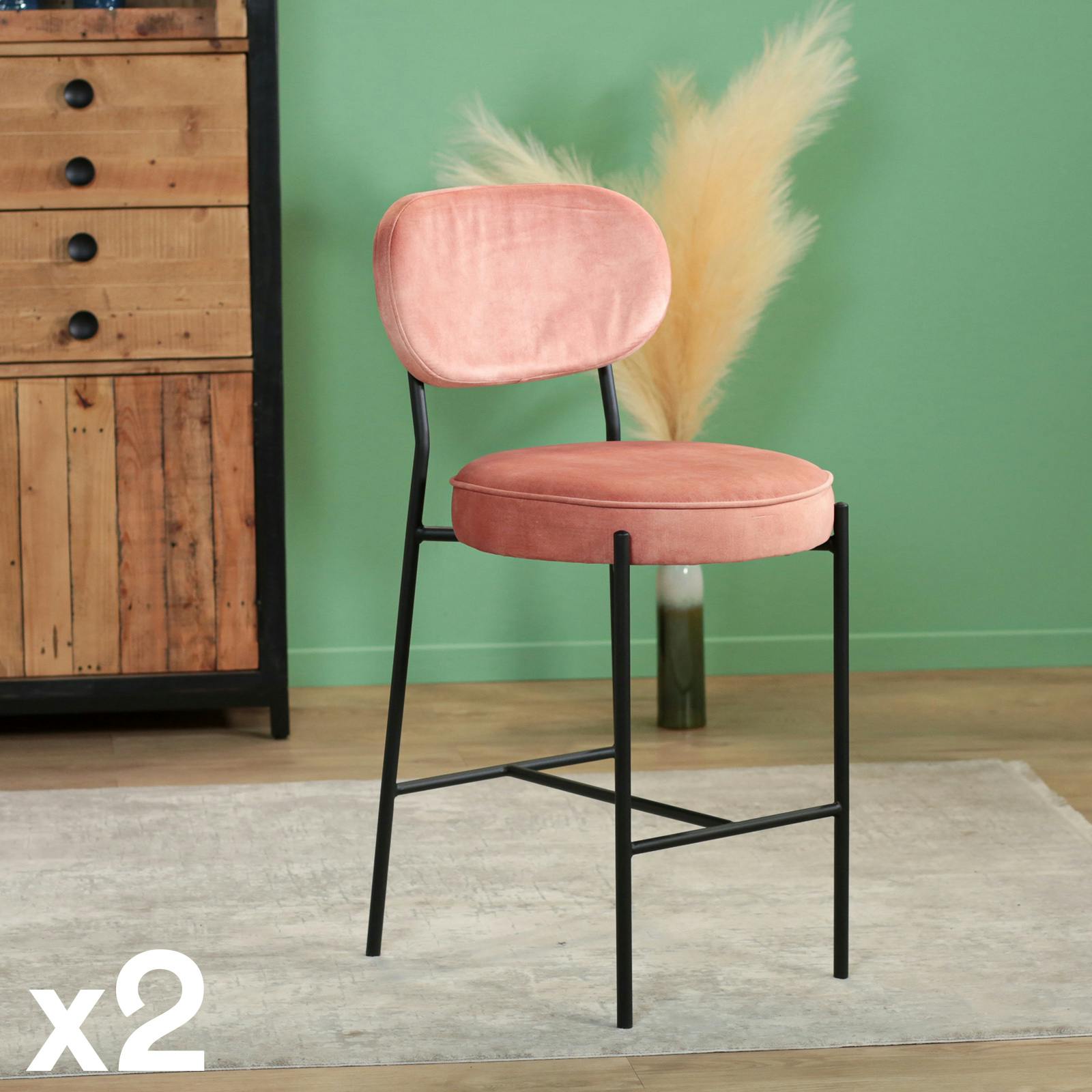 Tabouret de bar design en velours rose pâle FLORENCE (lot 2)