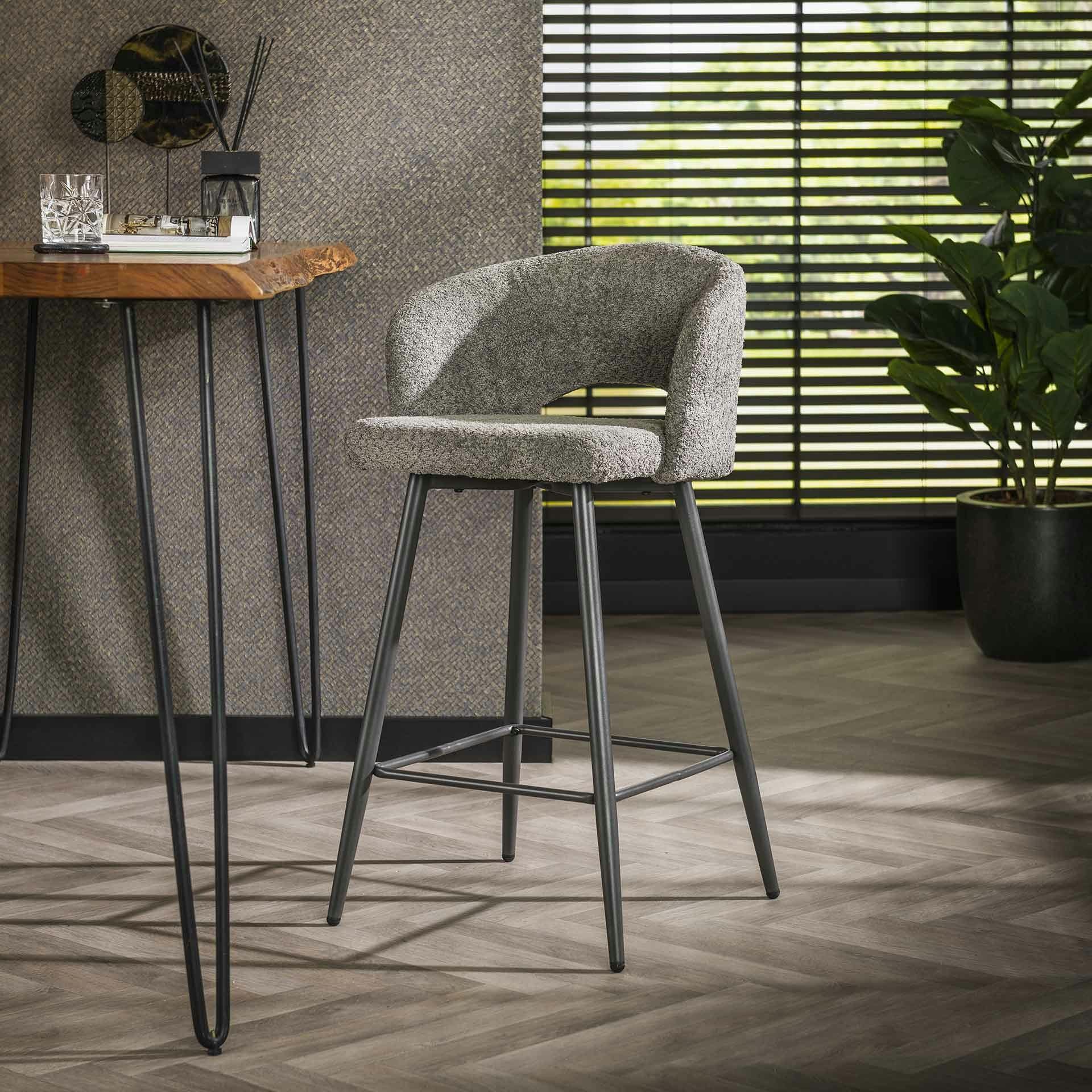 Tabouret de bar en tissu bouclette gris avec dossier ouvert (lot de 2) GALWAY